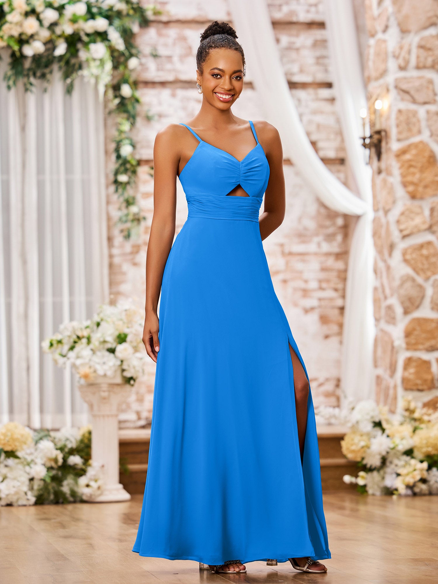 BABARONI Chiffon Ocean Blue Bridesmaid Dresses V-neck Floor-length