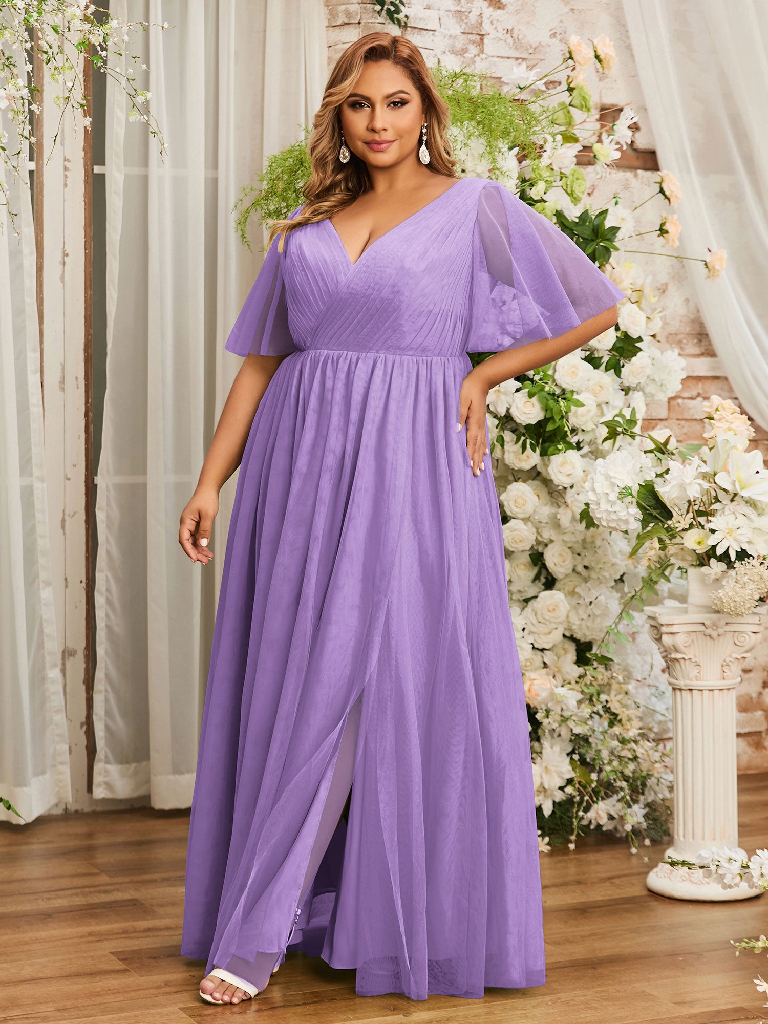 V neck Chiffon Long Dresses with Straps Tahiti Plus Size