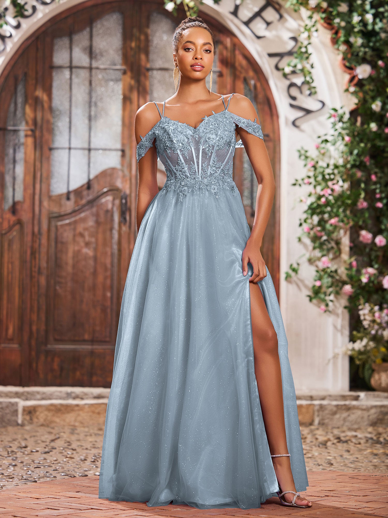 BABARONI Tulle Dusty Blue Prom Dresses A-line Spaghetti Straps Beaded