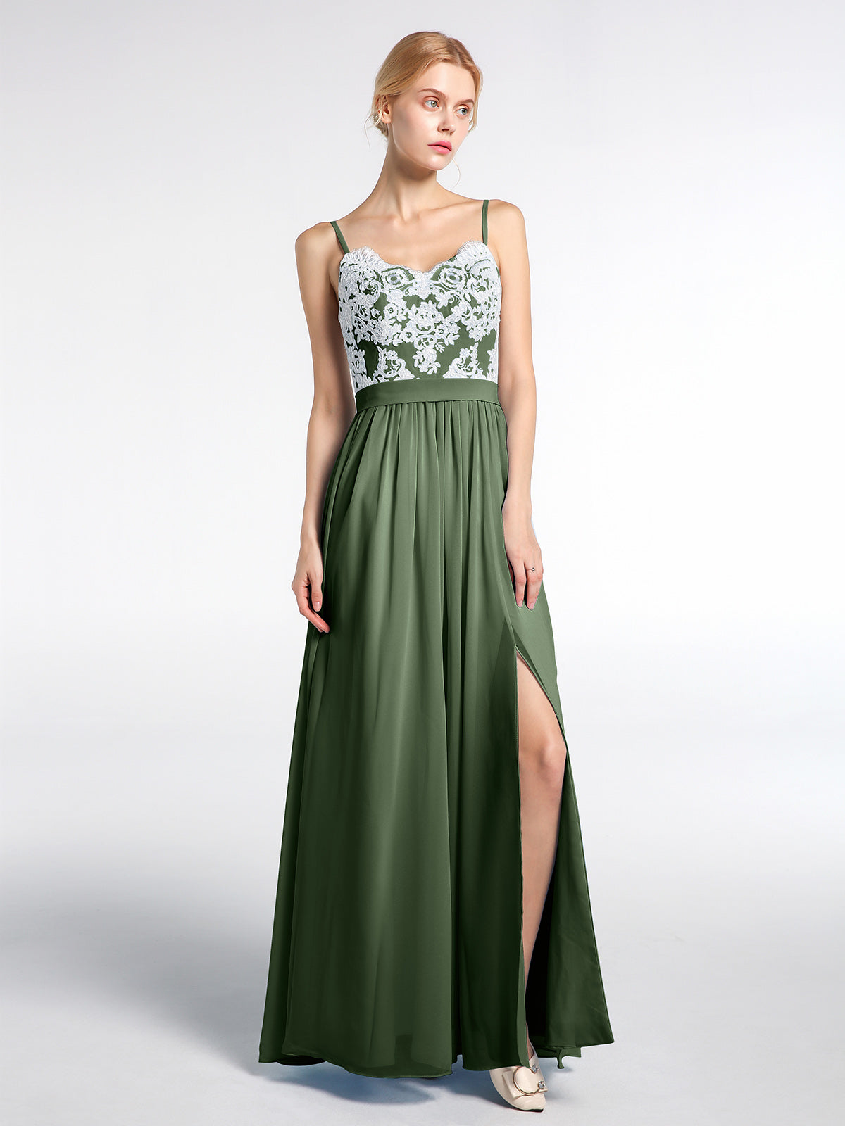 BABARONI Spaghetti Strap Front Slit Dress with Ivory Lace-Olive Green Plus size, Olive Green / US18 BABARONI Spaghetti Strap Front Slit Dress with Ivory Lace-Olive Green Plus size, Olive Green / US18