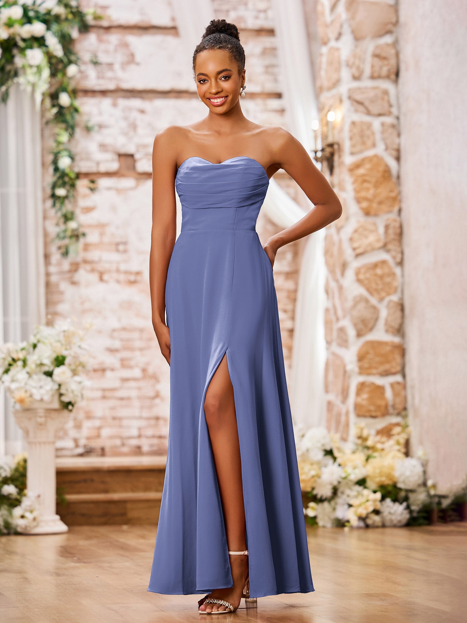 BABARONI Chiffon Periwinkle Bridesmaid Dresses Sweetheart Floor-length