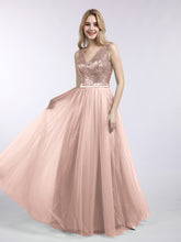 Sequins and Tulle Long Dress with V-neck Metallic Gold