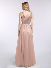 Sequins and Tulle Long Dress with V-neck Metallic Gold