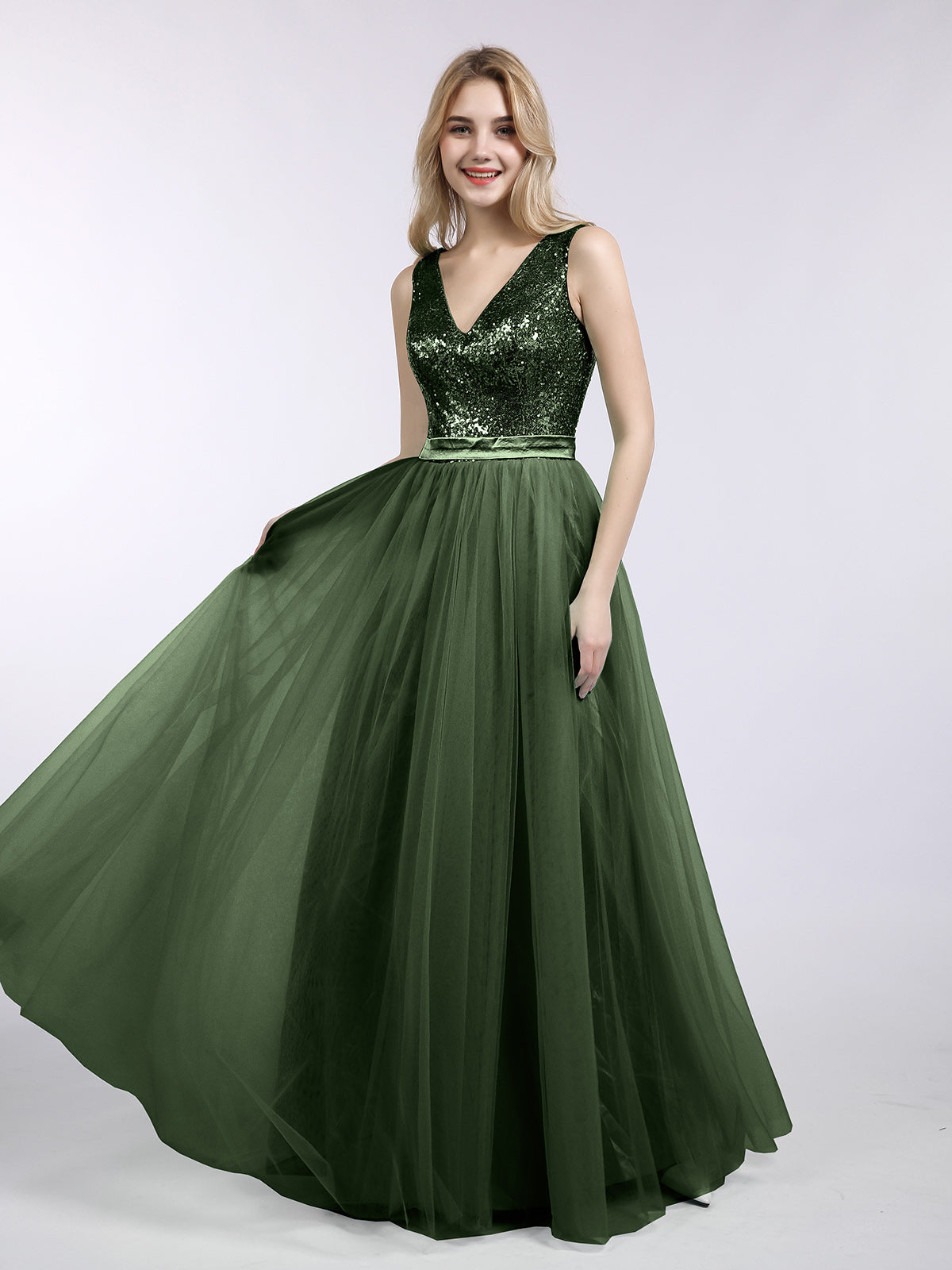 BABARONI Sequins and Tulle Long Dress with V-neck-Olive Green, Olive Green / US0 BABARONI Sequins and Tulle Long Dress with V-neck-Olive Green, Olive Green / US0