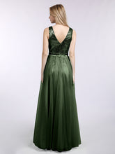 Sequins and Tulle Long Dress with V-neck-Olive Green