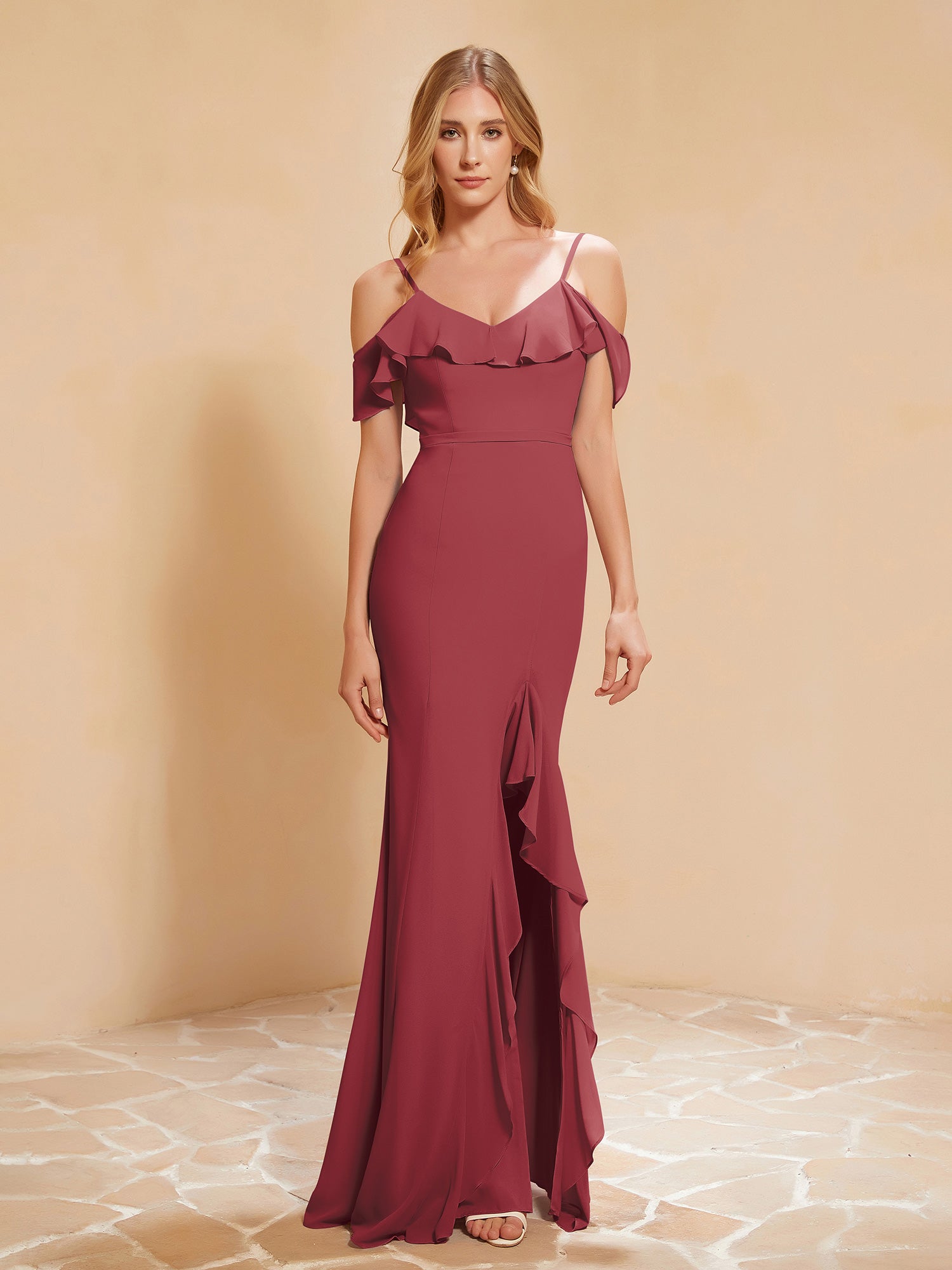 Bateau Neckline Chiffon Ruched Floor-length Dress Cinnamon Rose