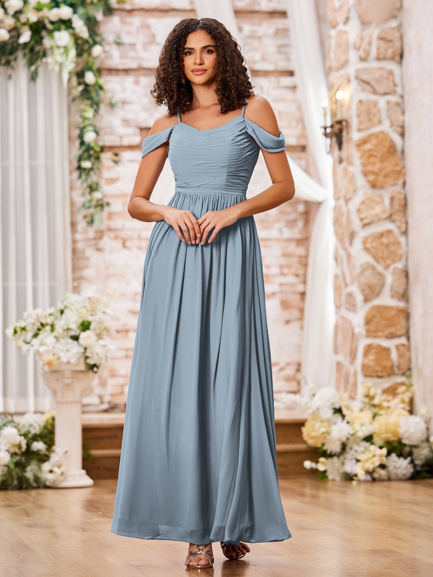 dusty blue pattern bridesmaid dress BABARONI Scoop Neck Spaghetti Straps Long Chiffon Dresses Mint Green, Mint Green / US0