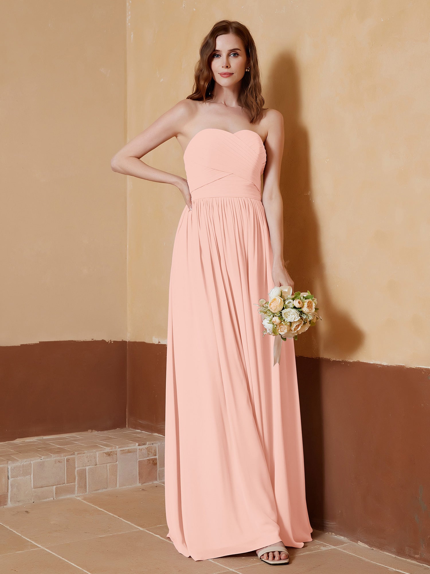 BABARONI Chiffon Long Strapless Dress for Bridesmaids Coral, Coral / US0 BABARONI Chiffon Long Strapless Dress for Bridesmaids Coral, Coral / US0