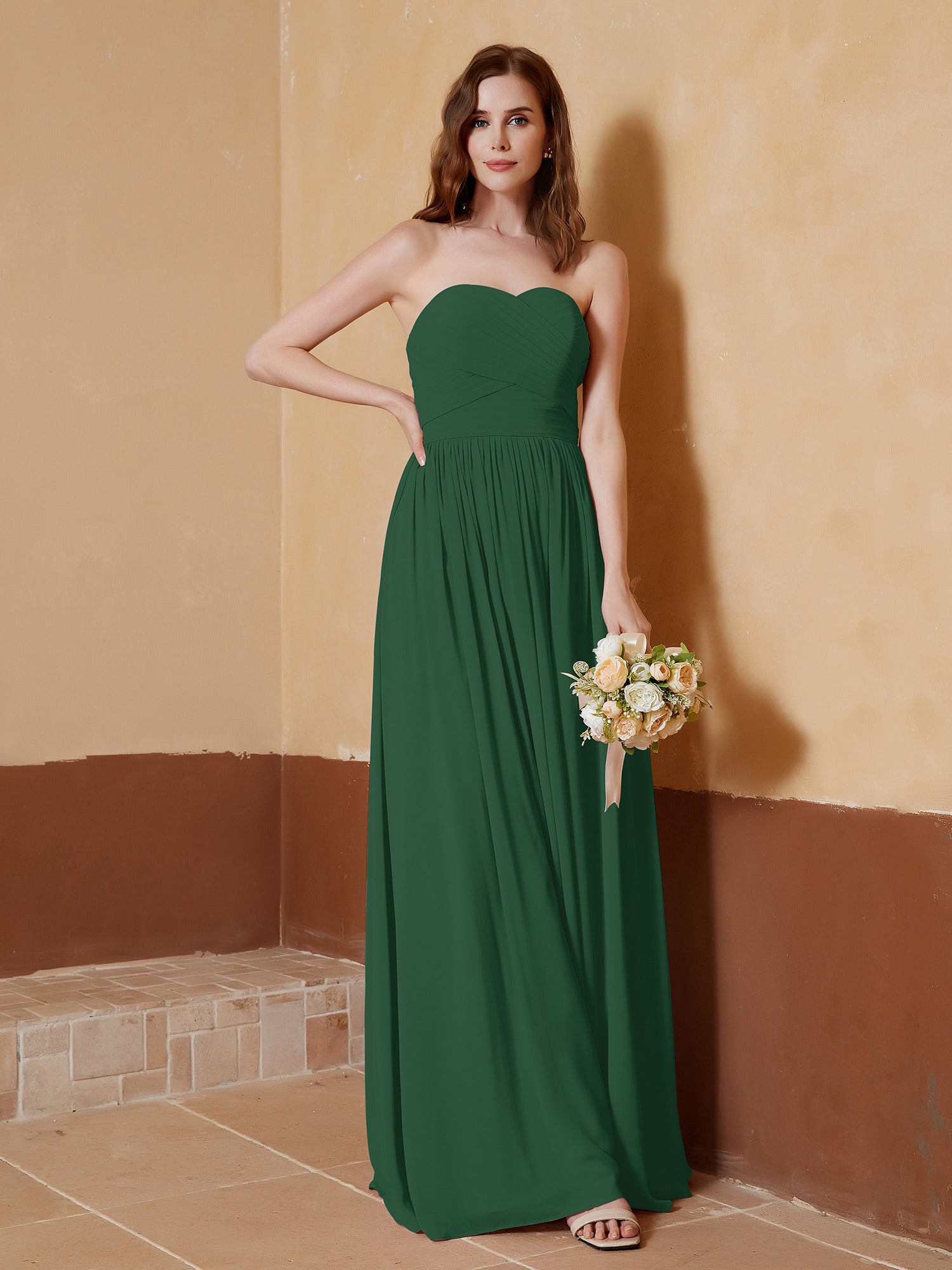 Short Chiffon Strapless Bridesmaid Gowns Dark Green Plus Size