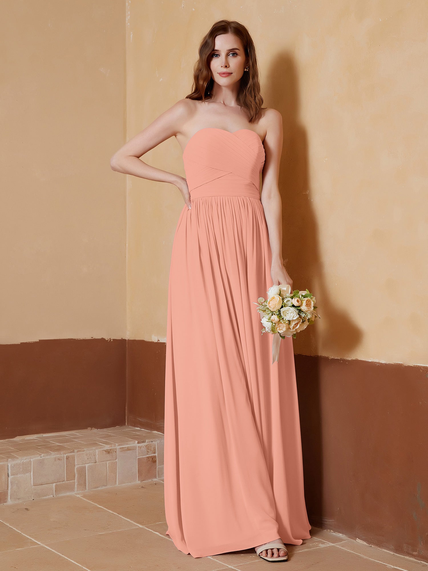 Long Chiffon Cross-Front Dress of Bridesmaids Papaya