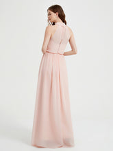 High Neck Chiffon Dresses with Slit and Sash Bow-Pearl Pink