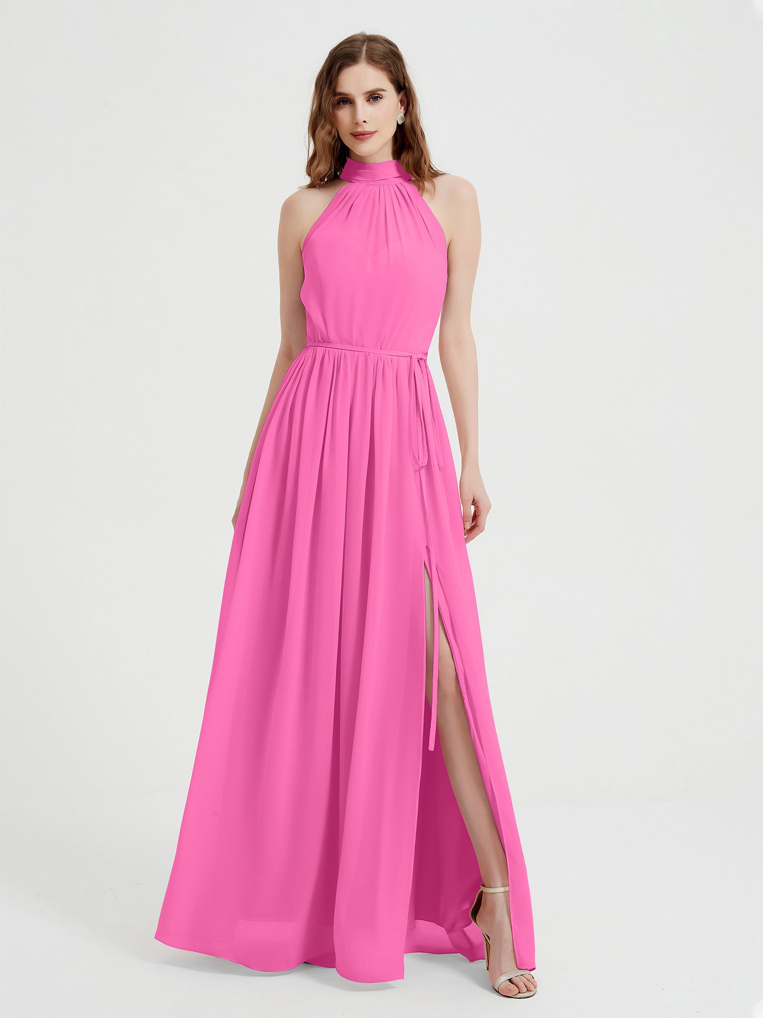 Long Chiffon Dress with Shallow V Neck High Slit Azalea main image 0