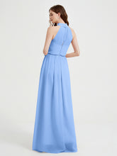 High Neck Chiffon Dresses with Slit and Sash Bow-Blue
