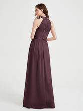 High Neck Chiffon Dresses with Slit and Sash Bow-Cabernet