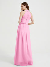 High Neck Chiffon Dresses with Slit and Sash Bow-Candy Pink