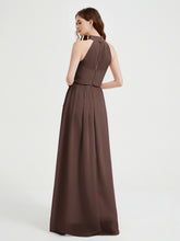 High Neck Chiffon Dresses with Slit and Sash Bow-Chocolate