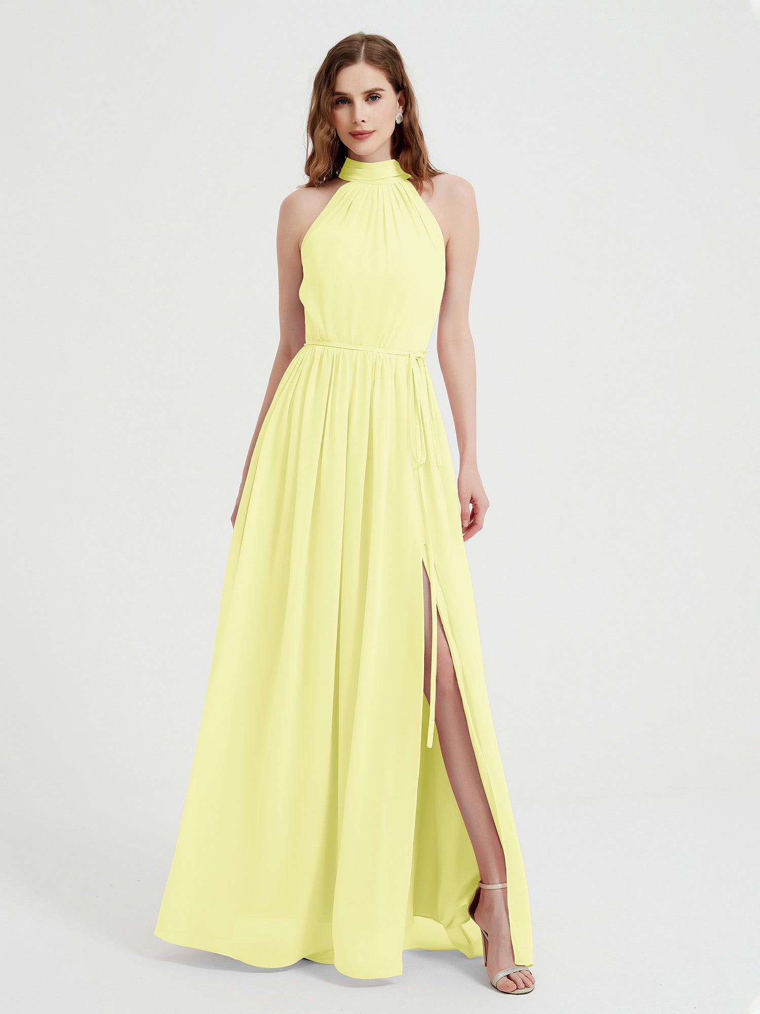 Deep-V Neck Chiffon Dresses with Slit Pockets Daffodil