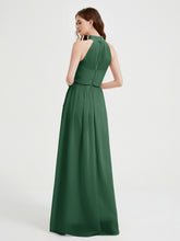 High Neck Chiffon Dresses with Slit and Sash Bow-Dark Green
