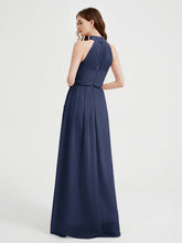 High Neck Chiffon Dresses with Slit and Sash Bow-Dark Navy