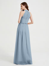 High Neck Chiffon Dresses with Slit and Sash Bow-Dusty Blue