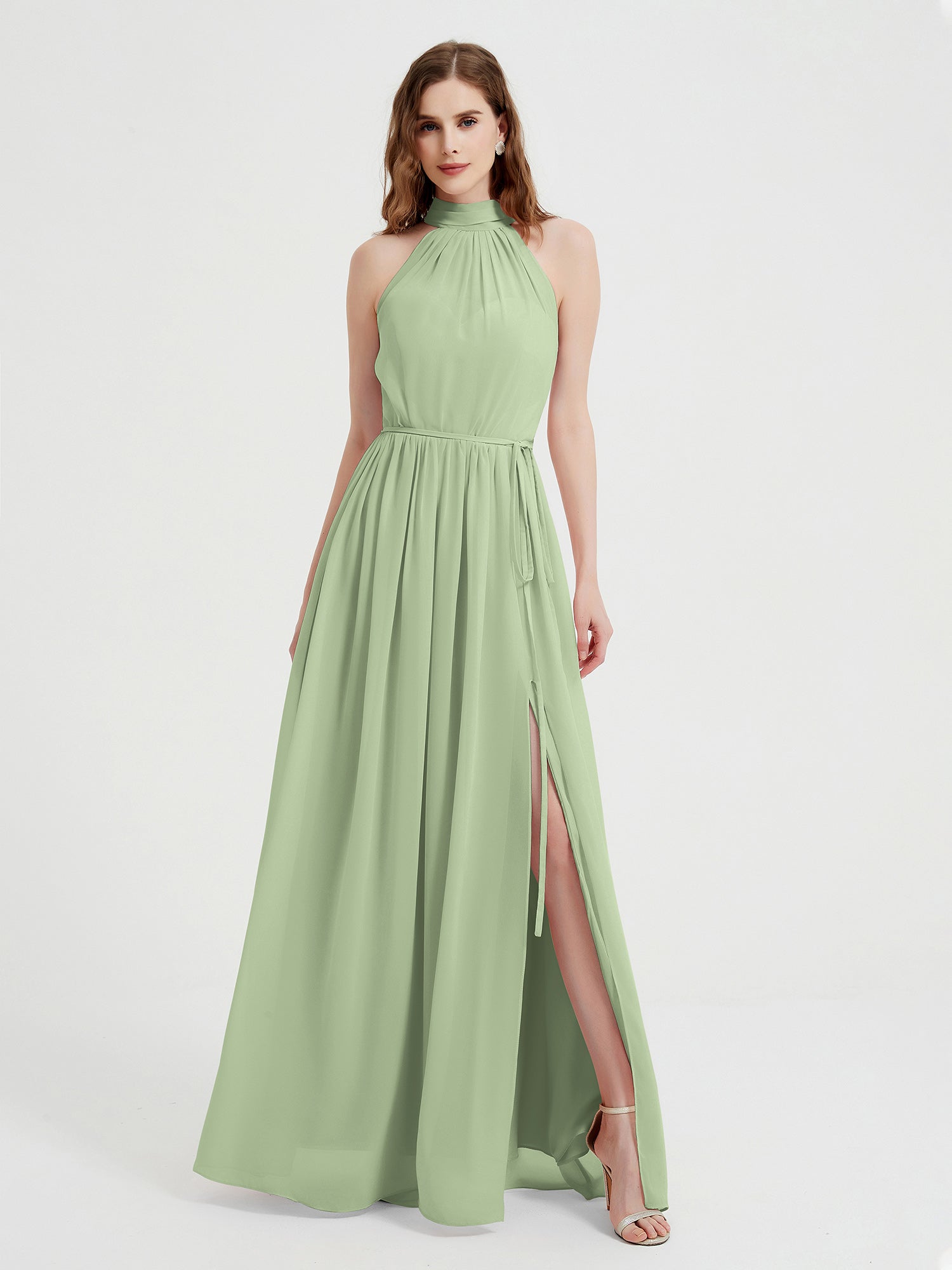 BABARONI Chiffon Dusty Sage Bridesmaid Dresses High Neck Floor-length Sleeveless Bow with Slit A-line, Dusty Sage / US0
