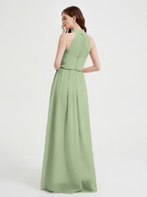 High Neck Chiffon Dresses with Slit and Sash Bow-Dusty Sage