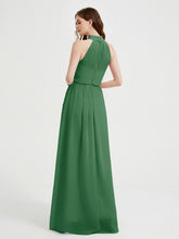 High Neck Chiffon Dresses with Slit and Sash Bow-Emerald
