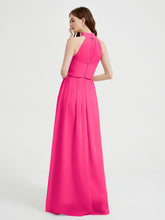 High Neck Chiffon Dresses with Slit and Sash Bow-Fuchsia
