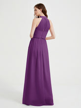 High Neck Chiffon Dresses with Slit and Sash Bow-Grape