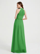 High Neck Chiffon Dresses with Slit and Sash Bow-Green