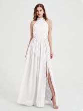 High Neck Chiffon Dresses with Slit and Sash Bow-Ivory