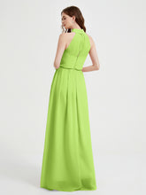 High Neck Chiffon Dresses with Slit and Sash Bow-Lime Green