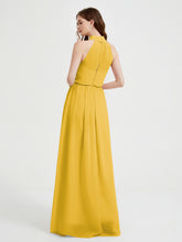 High Neck Chiffon Dresses with Slit and Sash Bow-Marigold