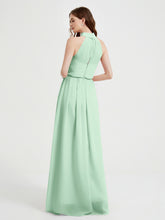 High Neck Chiffon Dresses with Slit and Sash Bow-Mint Green