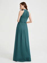 High Neck Chiffon Dresses with Slit and Sash Bow-Peacock