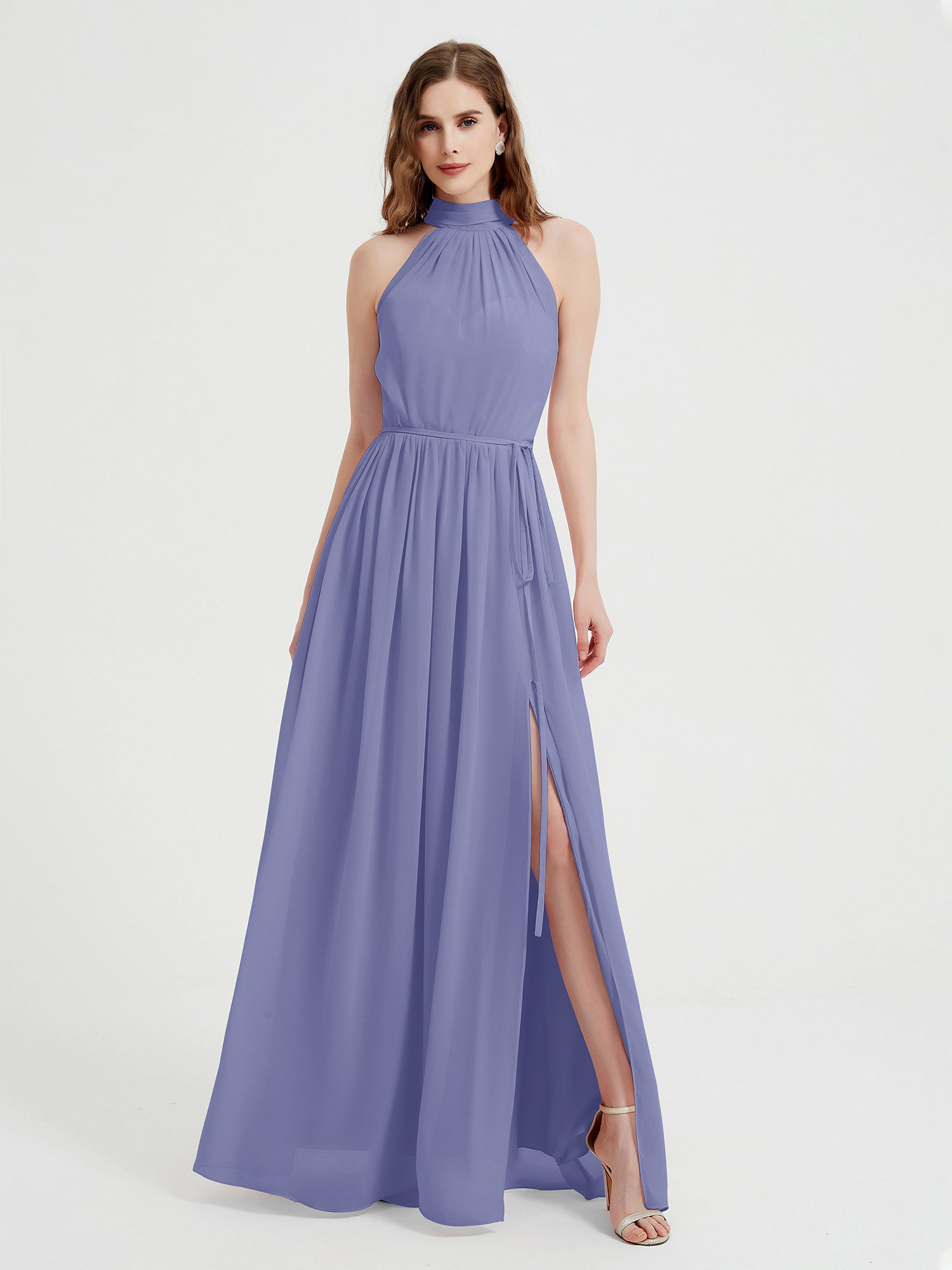long periwinkle bridesmaid dresses BABARONI Chiffon High Neck Floor-length Sleeveless Bow with Slit A-line, Periwinkle / US0 Color:Mint Green
