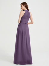 High Neck Chiffon Dresses with Slit and Sash Bow-Plum