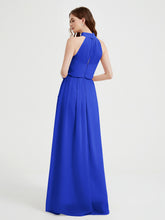 High Neck Chiffon Dresses with Slit and Sash Bow-Royal Blue