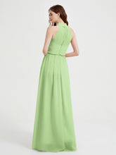 High Neck Chiffon Dresses with Slit and Sash Bow-Sage