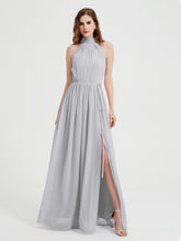 High Neck Chiffon Dresses with Slit and Sash Bow-Silver