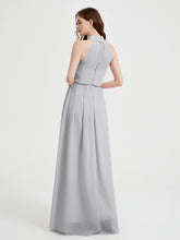 High Neck Chiffon Dresses with Slit and Sash Bow-Silver