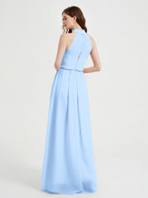 High Neck Chiffon Dresses with Slit and Sash Bow-Sky Blue
