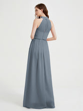 High Neck Chiffon Dresses with Slit and Sash Bow-Slate Blue