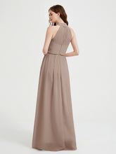 High Neck Chiffon Dresses with Slit and Sash Bow-Taupe