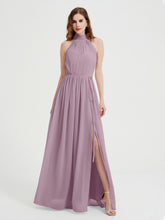 High Neck Chiffon Dresses with Slit and Sash Bow-Vintage Mauve