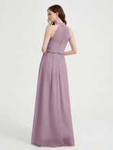 High Neck Chiffon Dresses with Slit and Sash Bow-Vintage Mauve