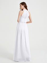 High Neck Chiffon Dresses with Slit and Sash Bow-White