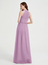 High Neck Chiffon Dresses with Slit and Sash Bow-Wisteria