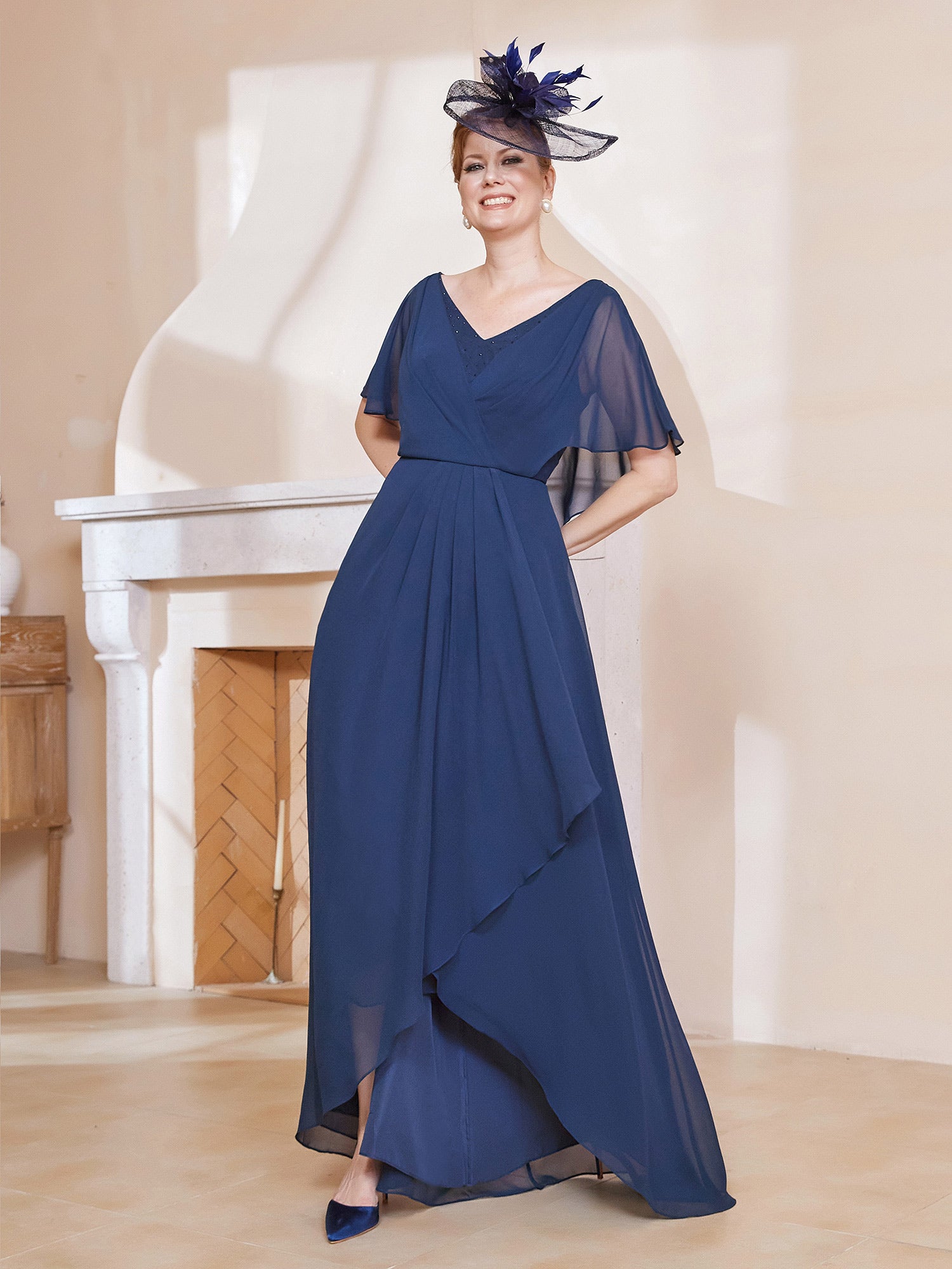 BABARONI Mother of the Bride Dress - V-Neck Flutter Sleeve Asymmetrical Chiffon Gown BABARONI Mother of the Bride Dress - V-Neck Flutter Sleeve Asymmetrical Chiffon Gown