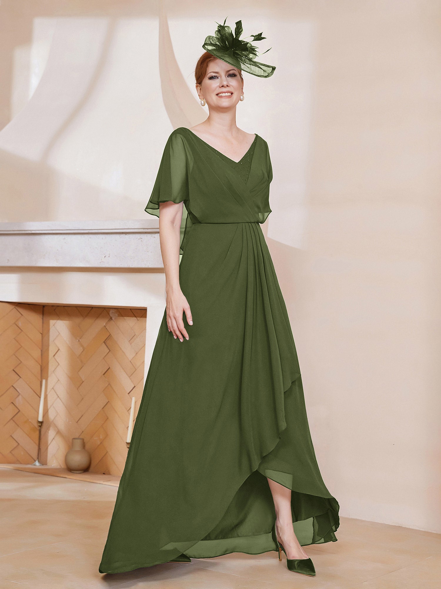 BABARONI Chiffon Olive Green Mother of the Bride Dresses A-line V-neck